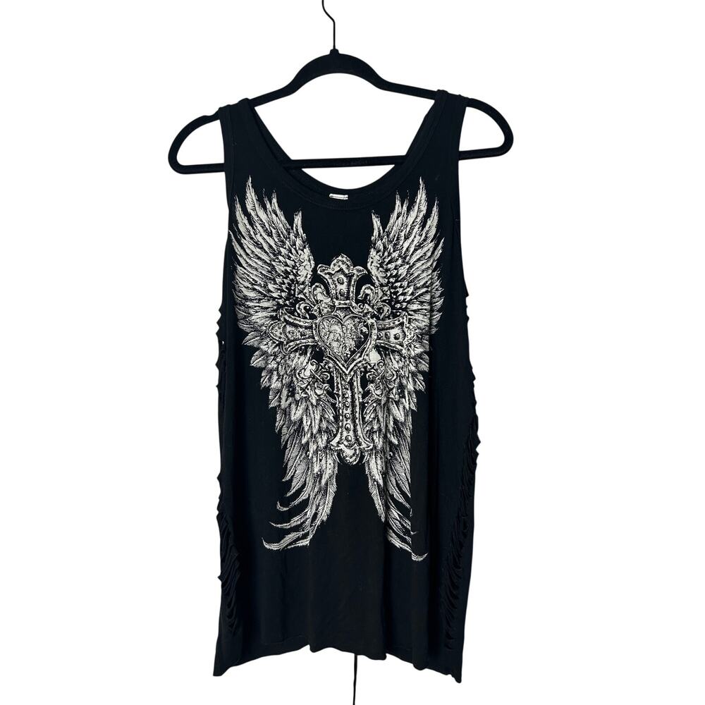 Affliction Style Angel Wing Lace Up Distressed Tank Top Size M Y2K Rockstar Glam